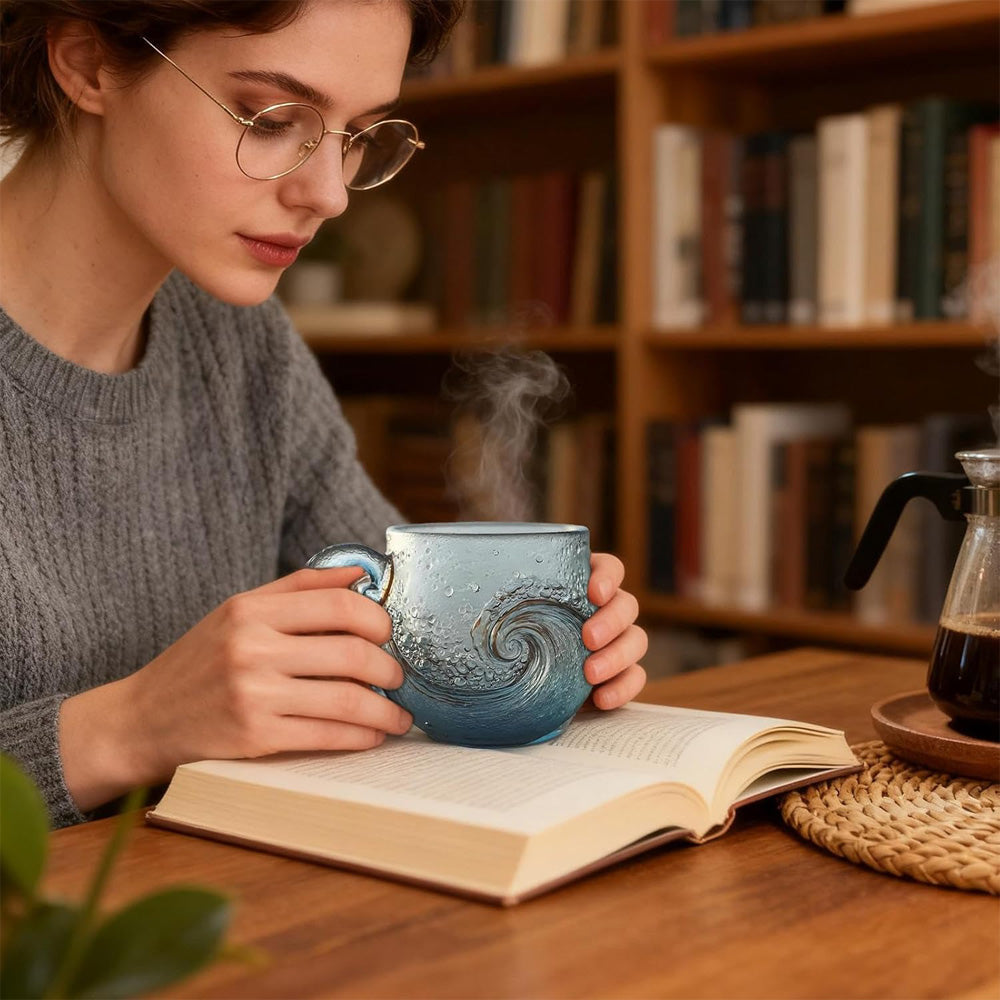 Handmade Sea Glass Wave Cup - Unique Ocean Wave Design, 12 oz