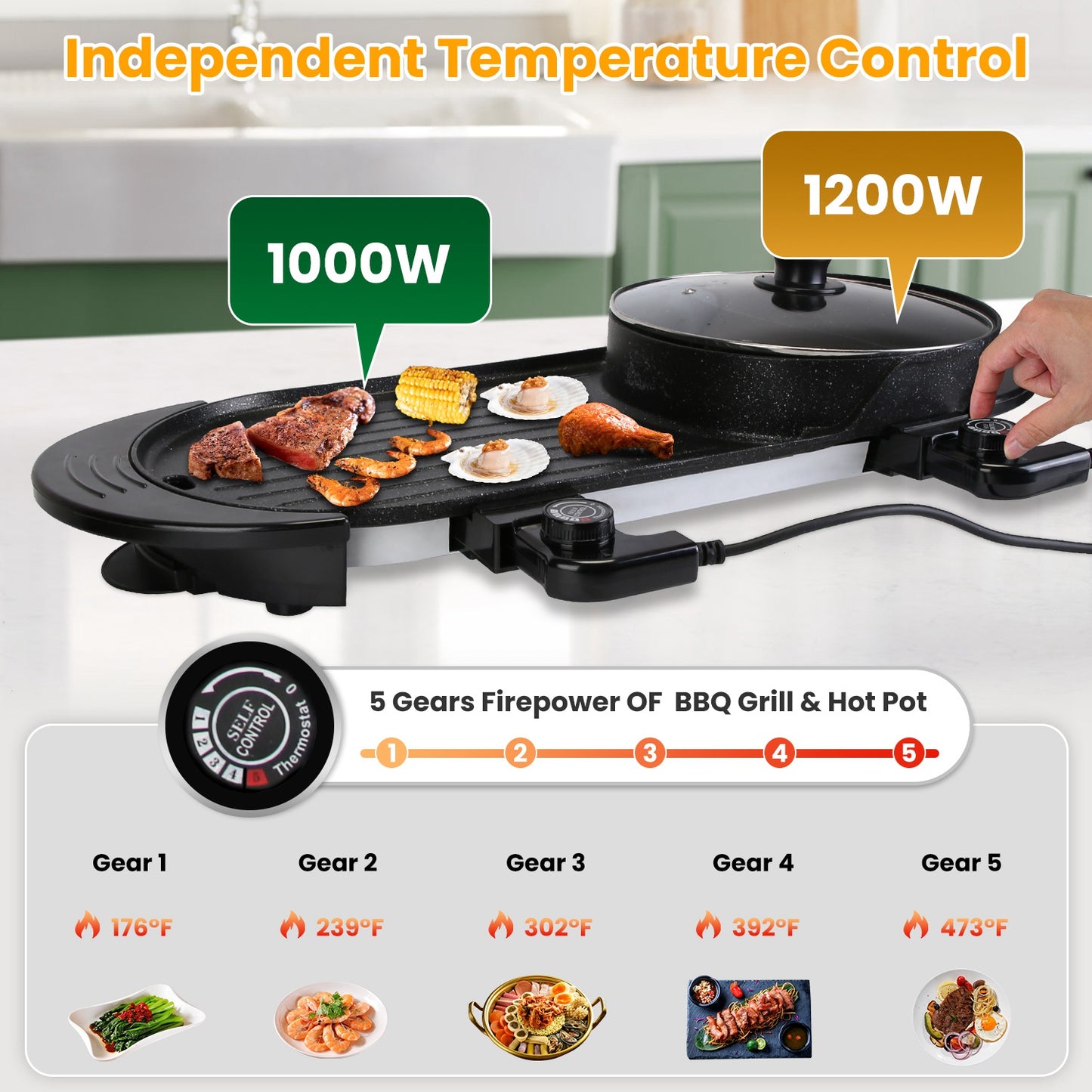 2200W 2-in-1 Electric Hot Pot & BBQ Grill Cooker - Smokeless