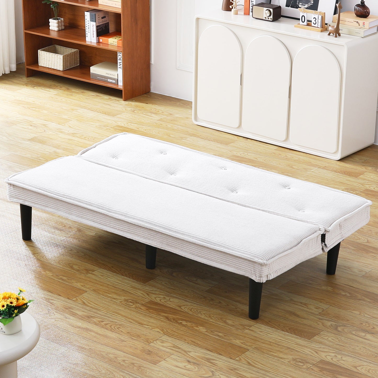 66-Inch Beige Corduroy Sofa Bed - Versatile for Living Room & Bedroom