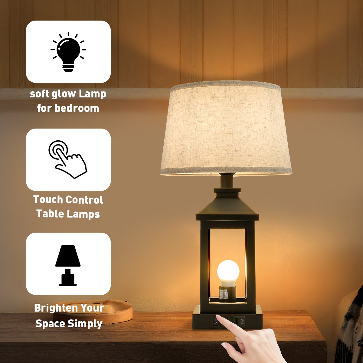 Dimmable Black Farmhouse Bedside Table Lamp with USB Ports