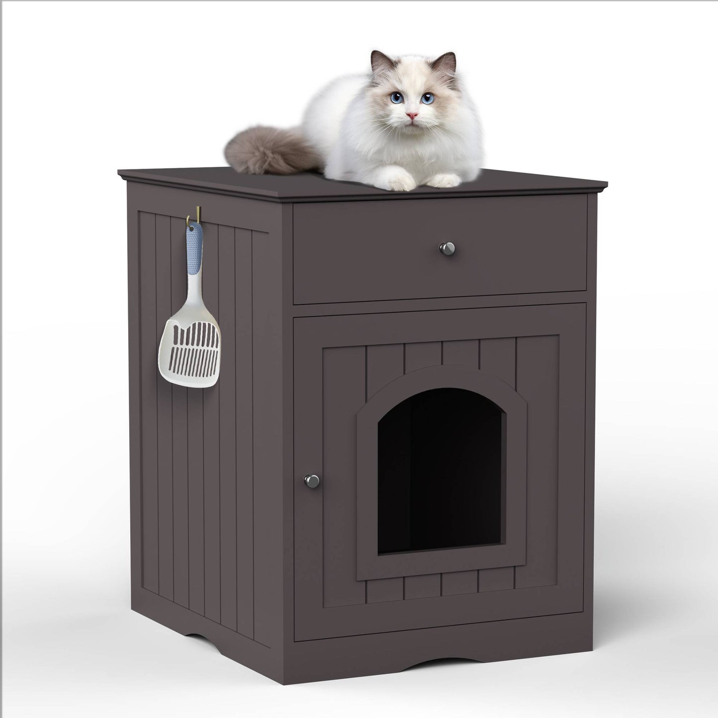 Wooden Cat House with Drawer Side Table Indoor Pet Enclosure