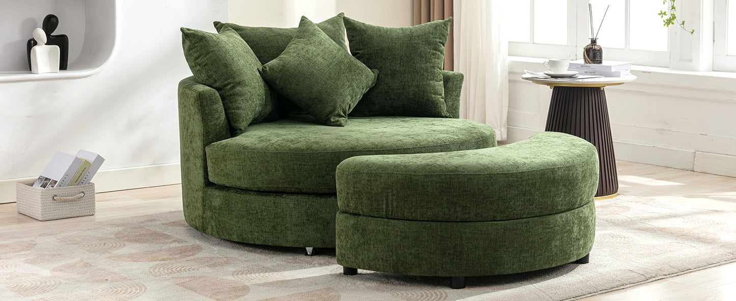 360° Swivel Accent Barrel Chair with Storage Ottoman & 4 Pillows - Green