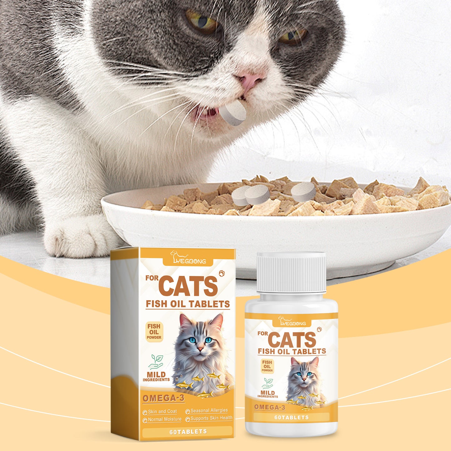 Fish Oil Tablets for Cats - Multivitamin Skin & Coat Supplement, Supports Immune, Heart & Bone Health - 60 Chewable