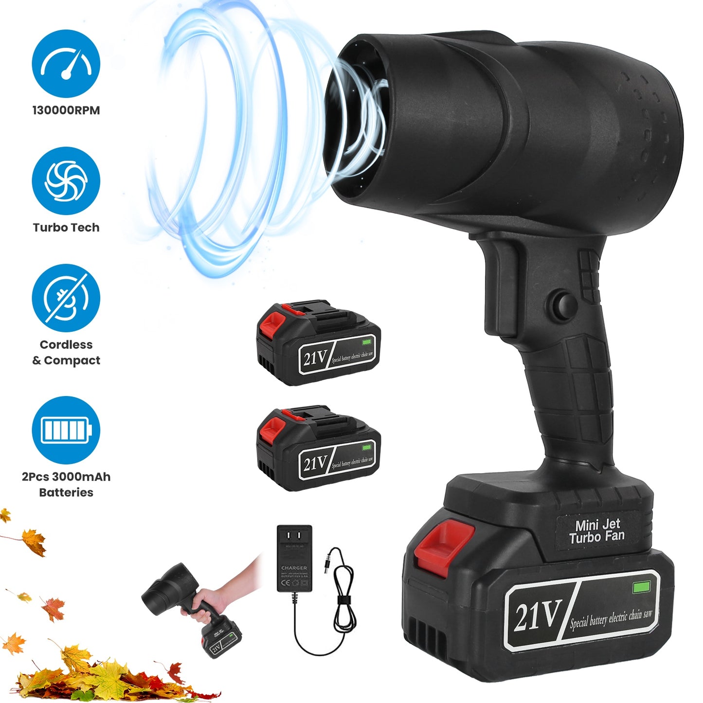 Cordless Leaf Blower 130000RPM, 2x 3Ah Batteries, Portable Garden Tool