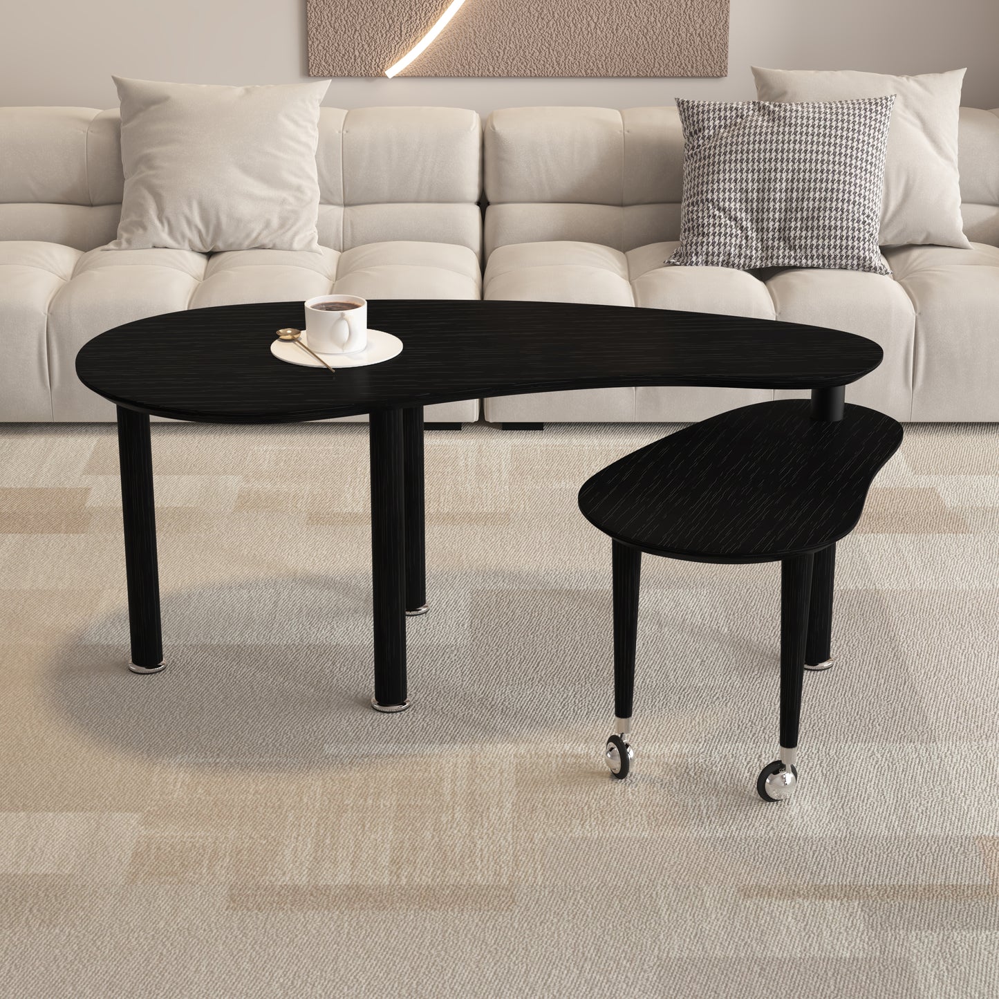 Contemporary Rotatable Cocktail Table With Solid Rubber Wood Legs,