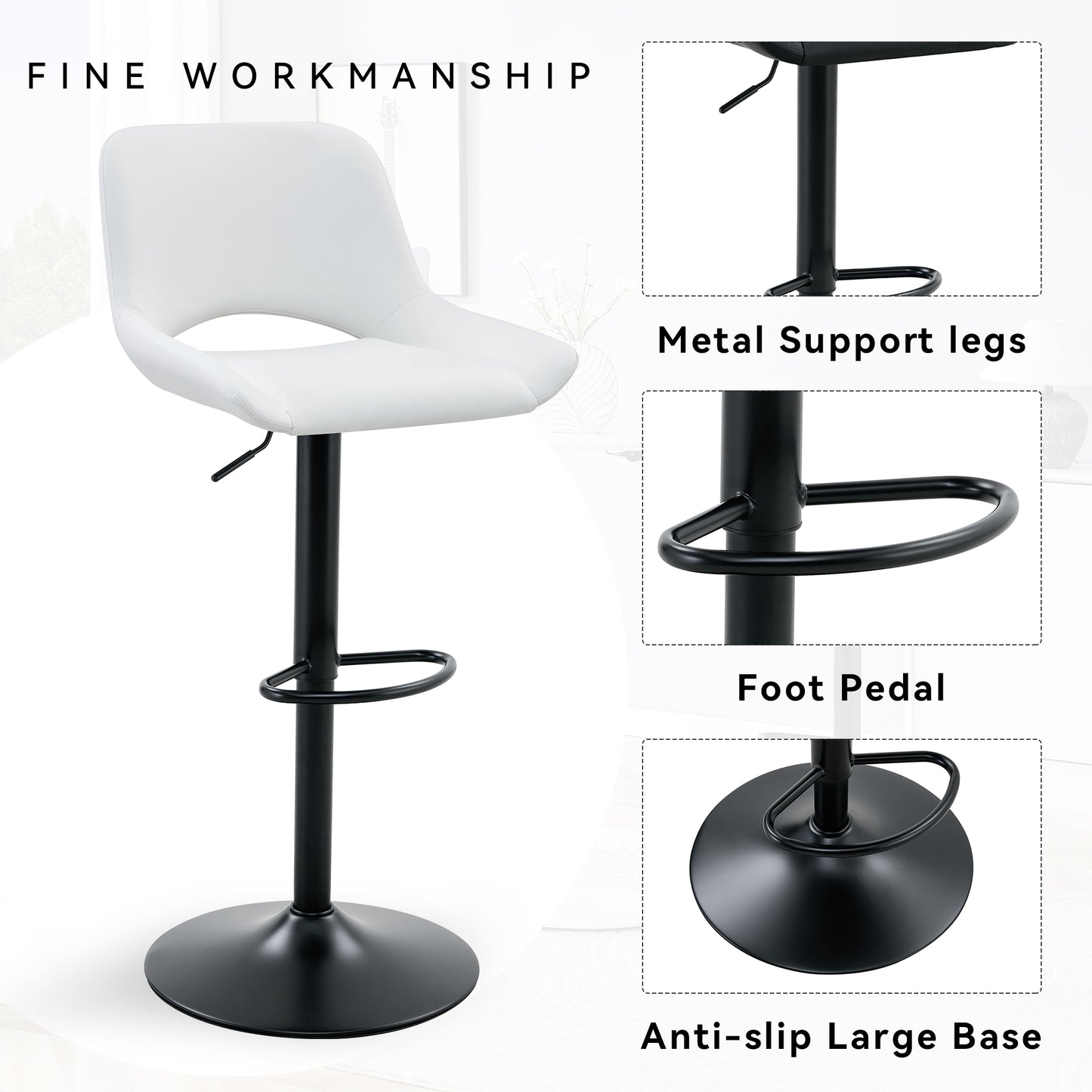 Modern Swivel Adjustable Bar Stools Set - 2 Pack, White PU Material,