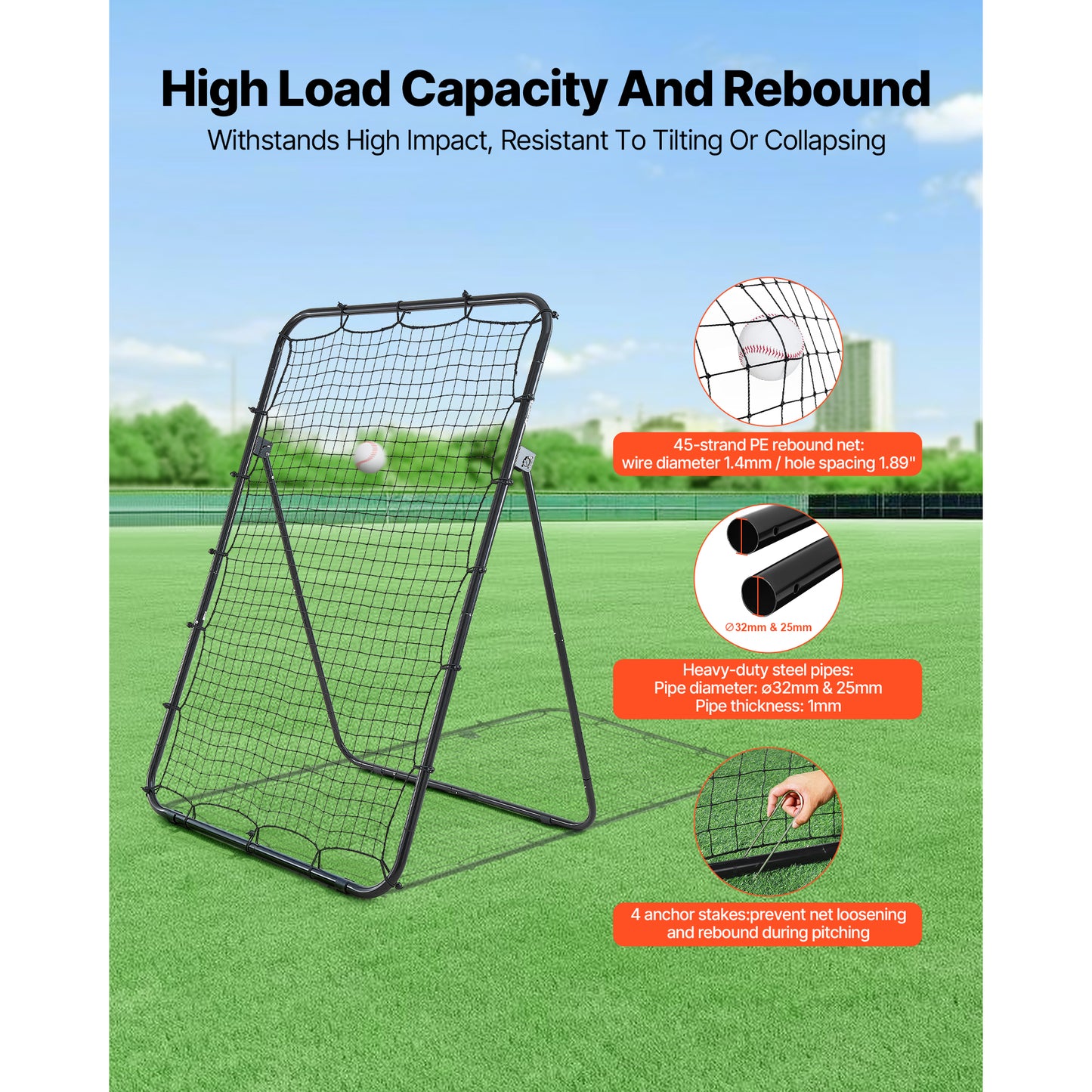 Baseball Softball Rebounder Net 4x6 ft Pitch Back Trainer with Adjustable Angles