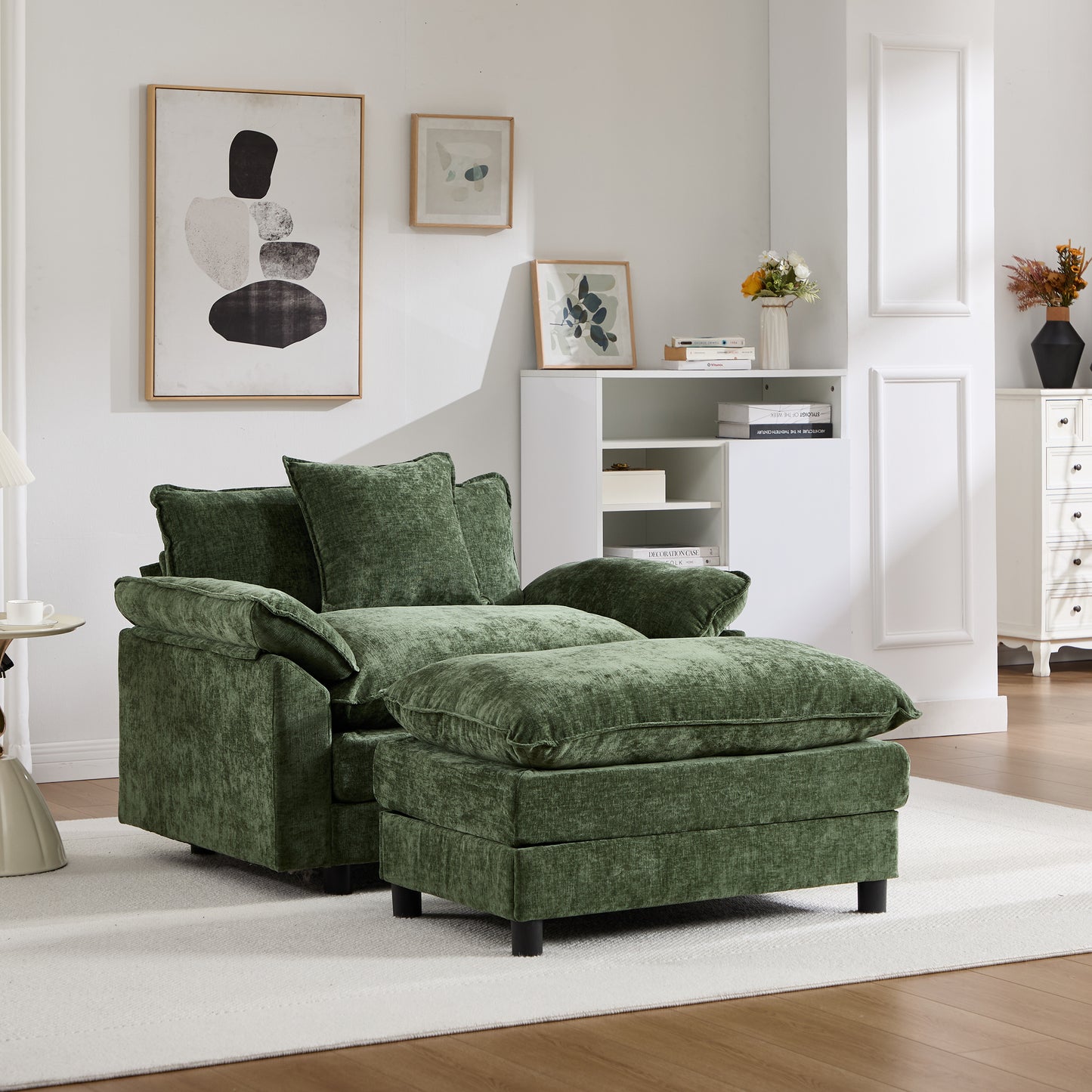 Modern Accent Chair with Ottoman - Green Chenille Upholstered Armchair