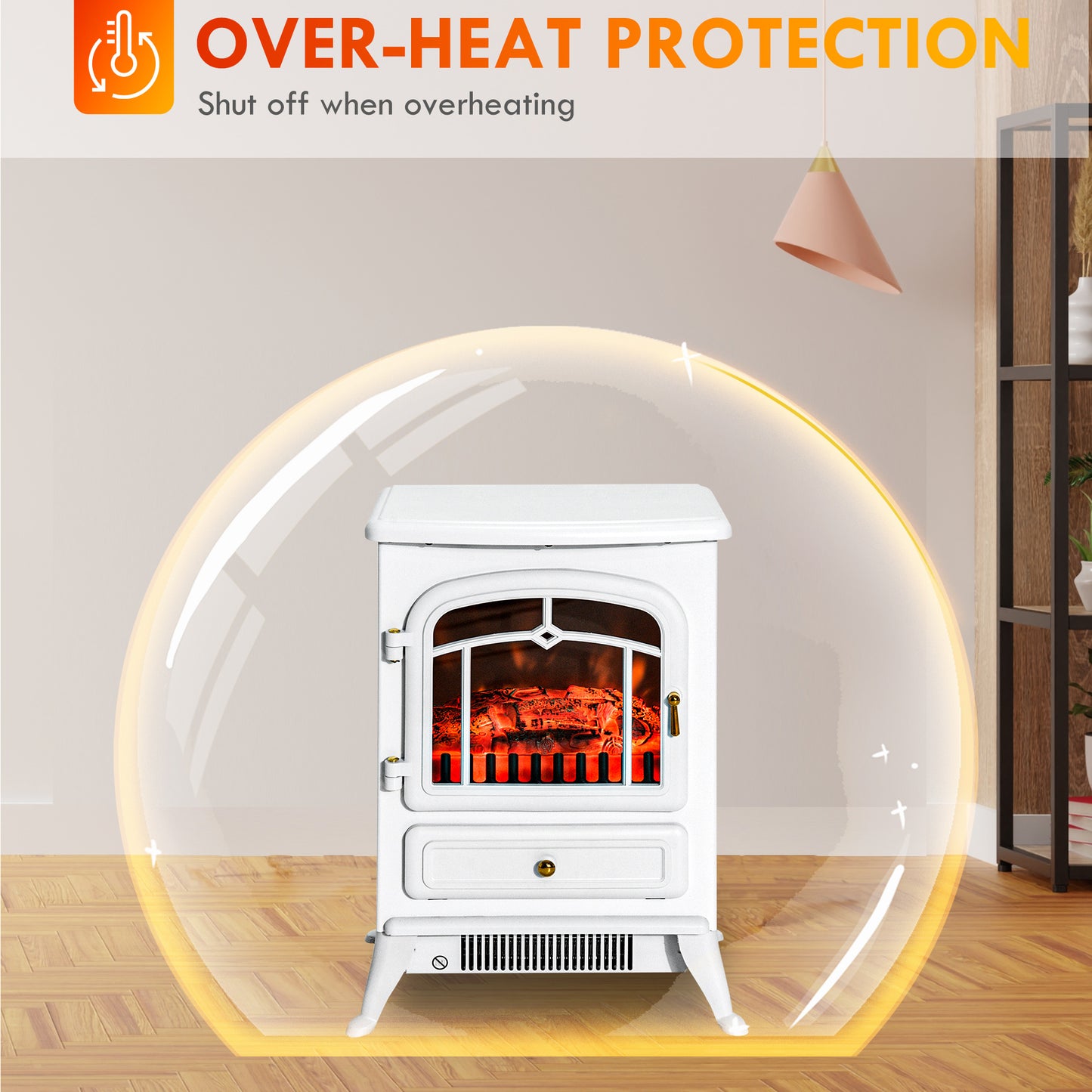 Electric Fireplace Heater with Realistic LED Flame and Logs - White, 725W/1450W