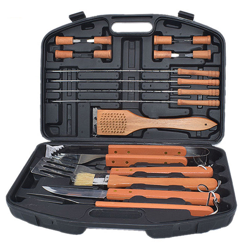 Barbecue Tool Set with Wooden Handles - 18 Pieces for Grilling