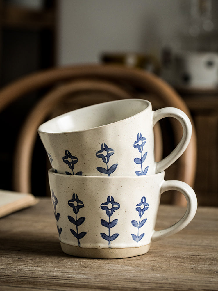 Hand-Painted Small Flower Ceramic Drinking Cup 320ml - Blue