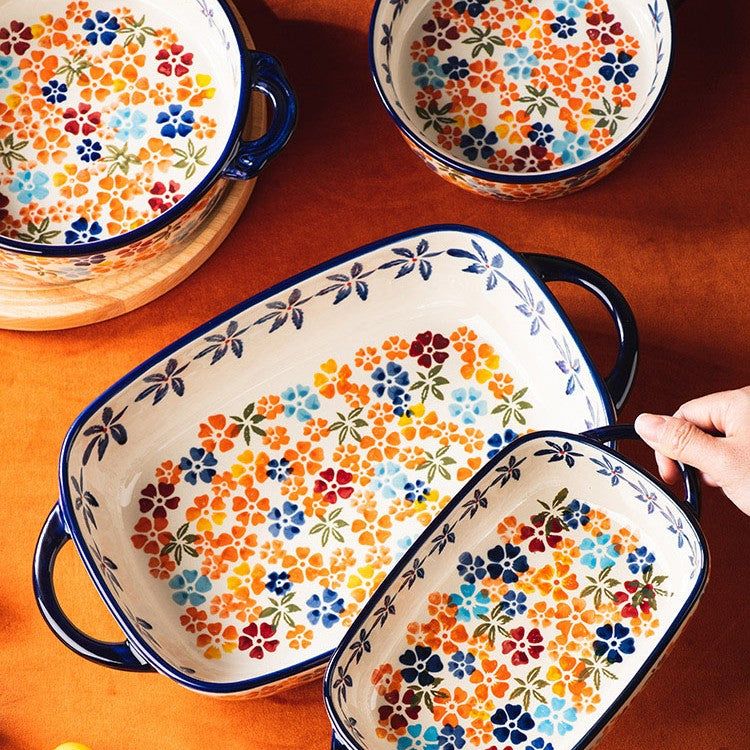 Ceramic Oven and Microwave Bowl with Handle - Porcelain Kitchen Servingware