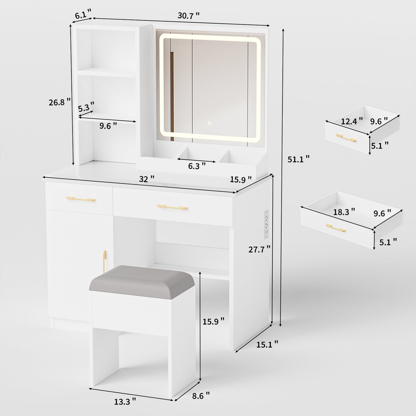Makeup Vanity Desk With Mirror And Lights, White Table Power Outlet 3