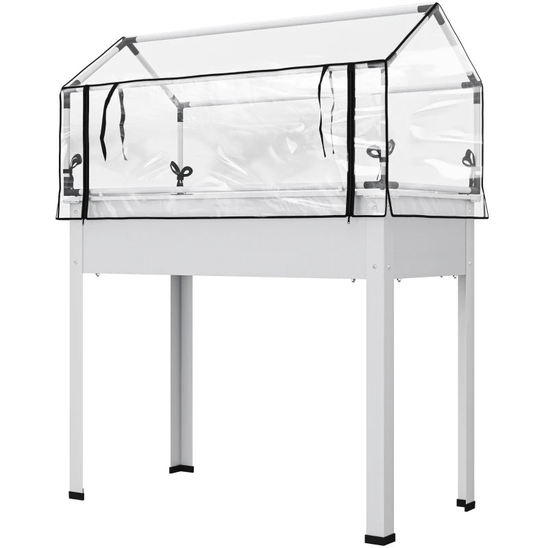 Elevated Garden Bed with Greenhouse Cover - White Raised Planter with Drainage