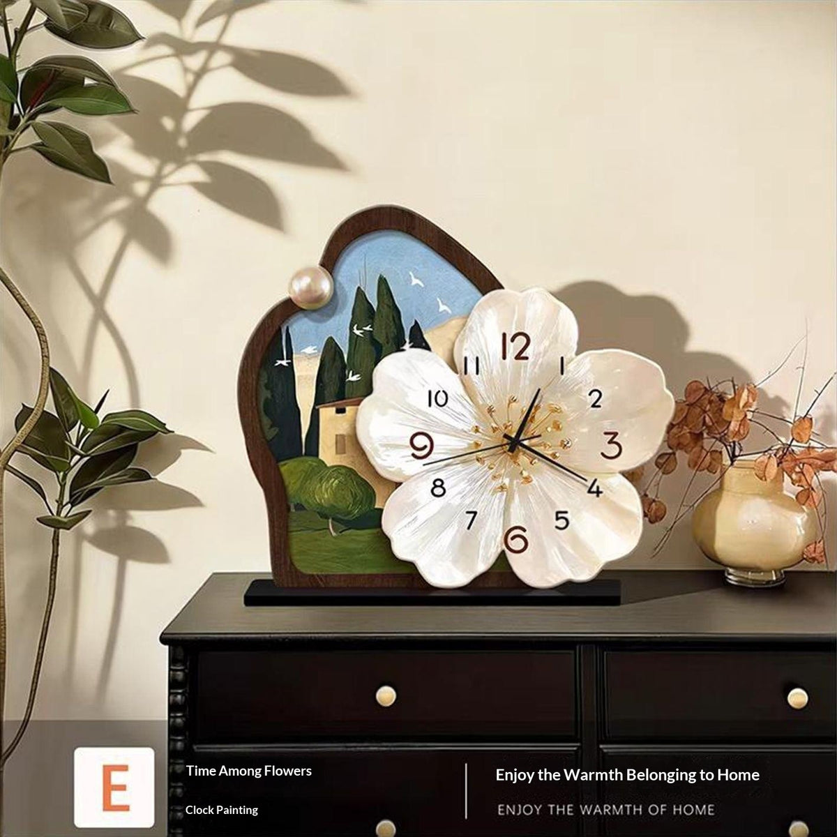 Medieval-Style Desktop Clock Painting - Botanical Flowers Art Frame-Free