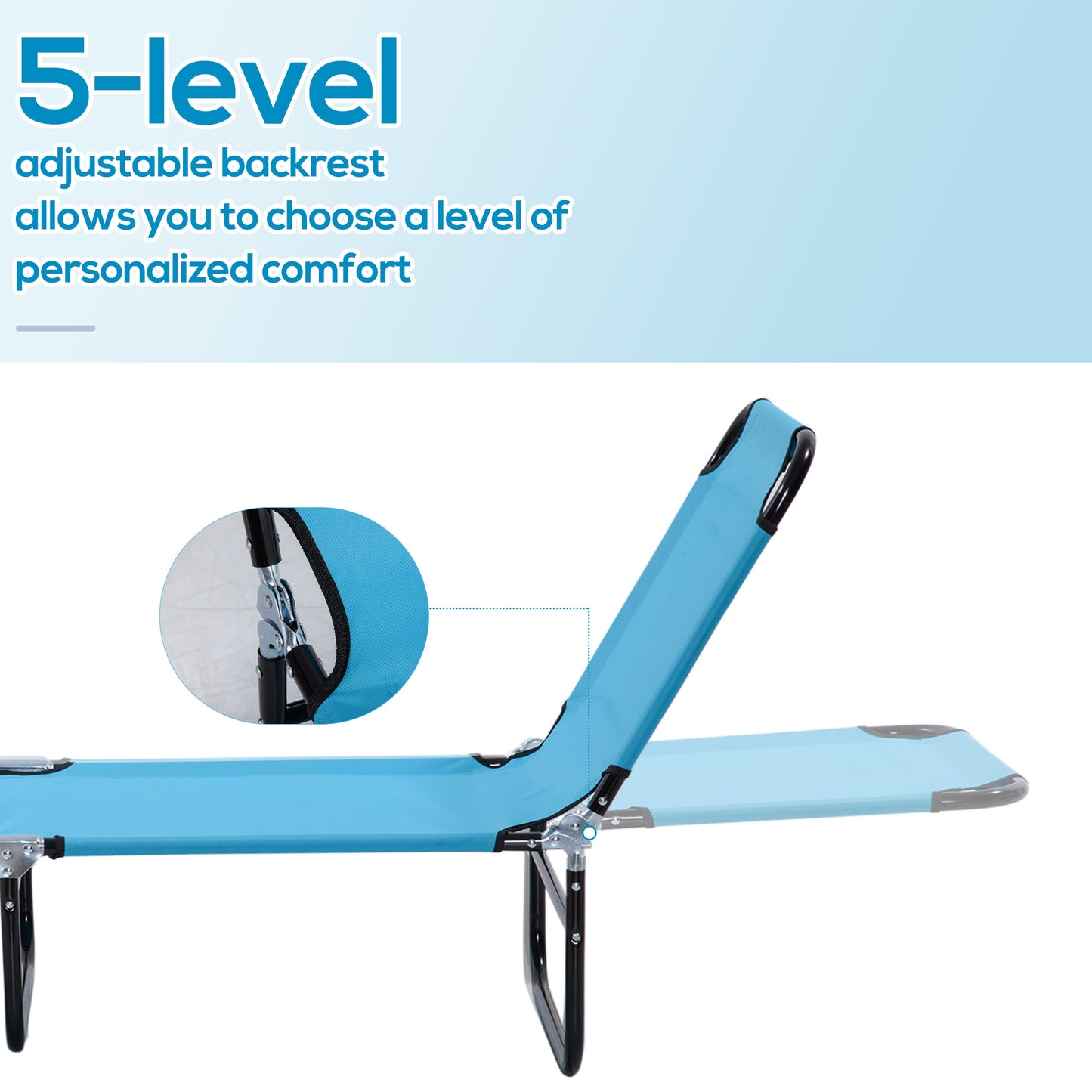 Folding Chaise Lounge Chair - 5-Level Recline, Sky Blue