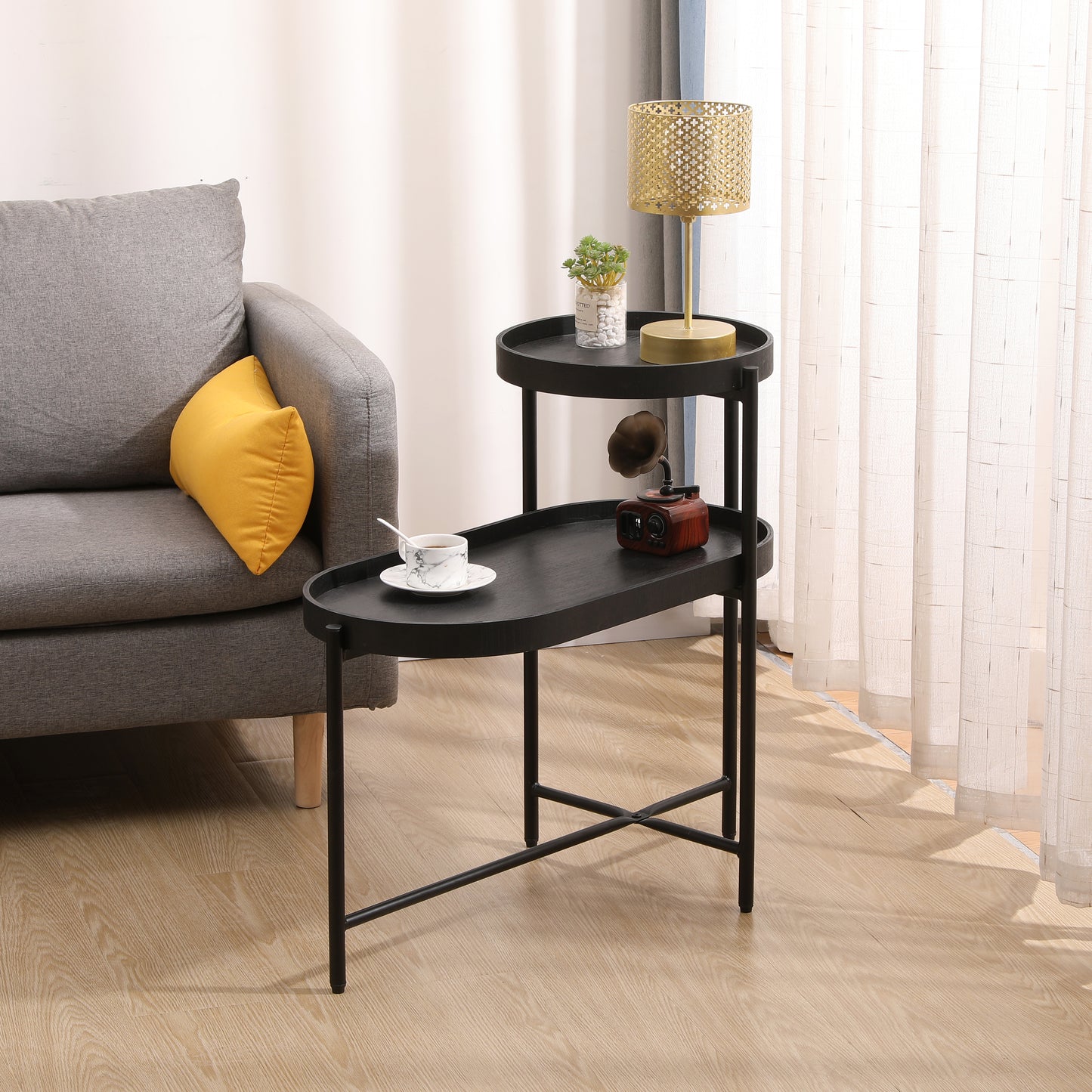 2-Tier Black Side Table with Storage - Metal Frame & Wood Design