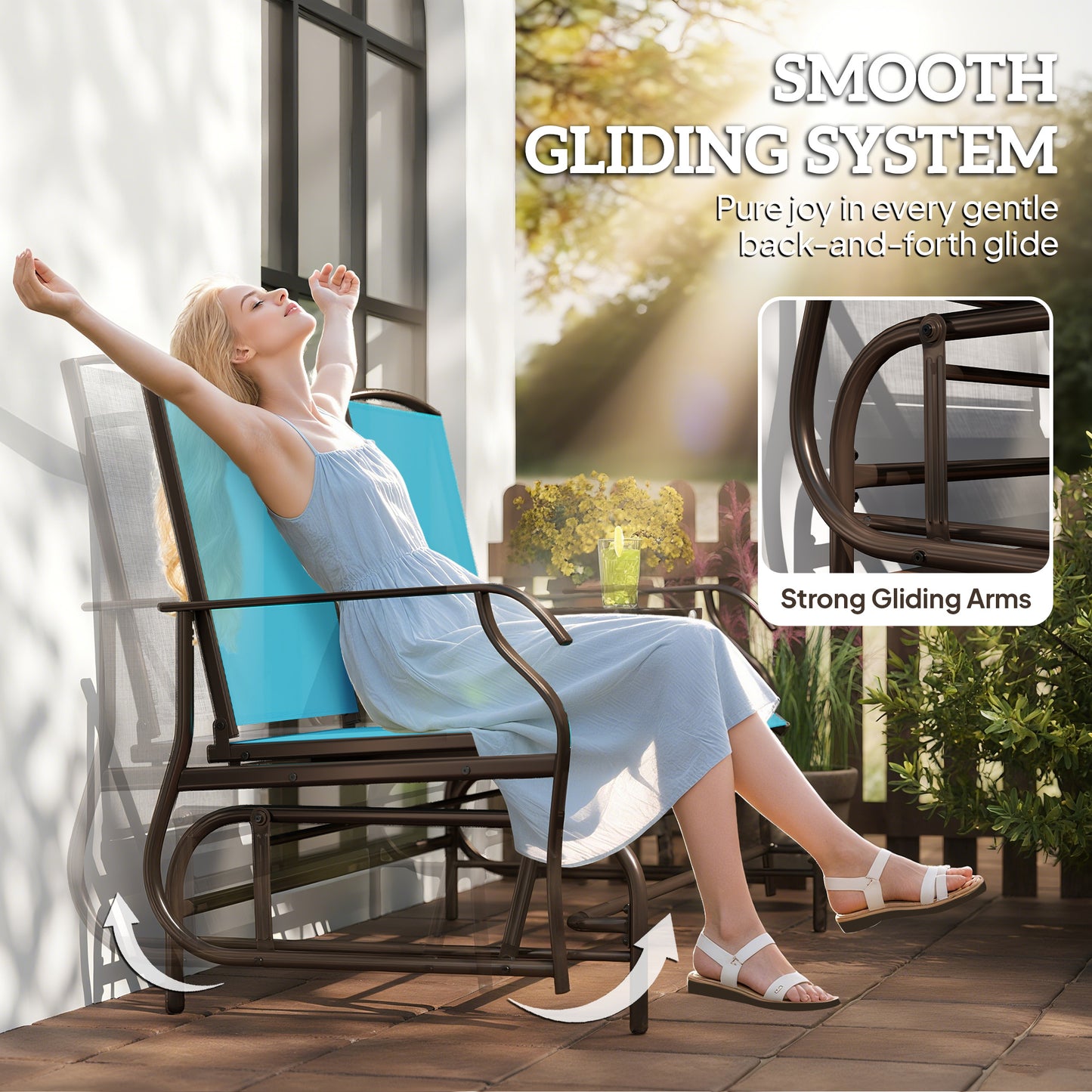 Two-Person Outdoor Glider Bench with Mesh Fabric - Blue