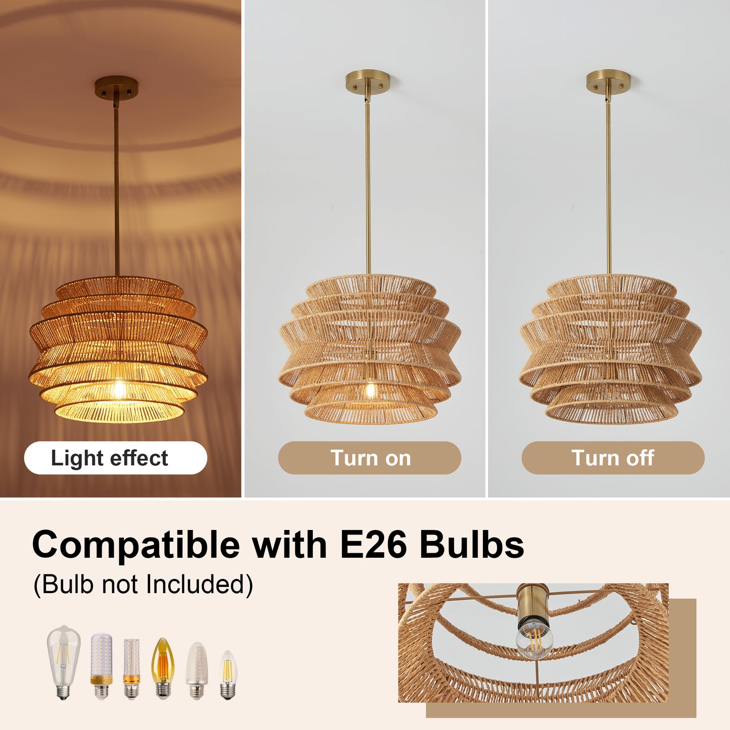 17.3-Inch Hand-Woven Rattan Pendant Light for Dining & Living Room - Rustic Coastal Ceiling Chandelier
