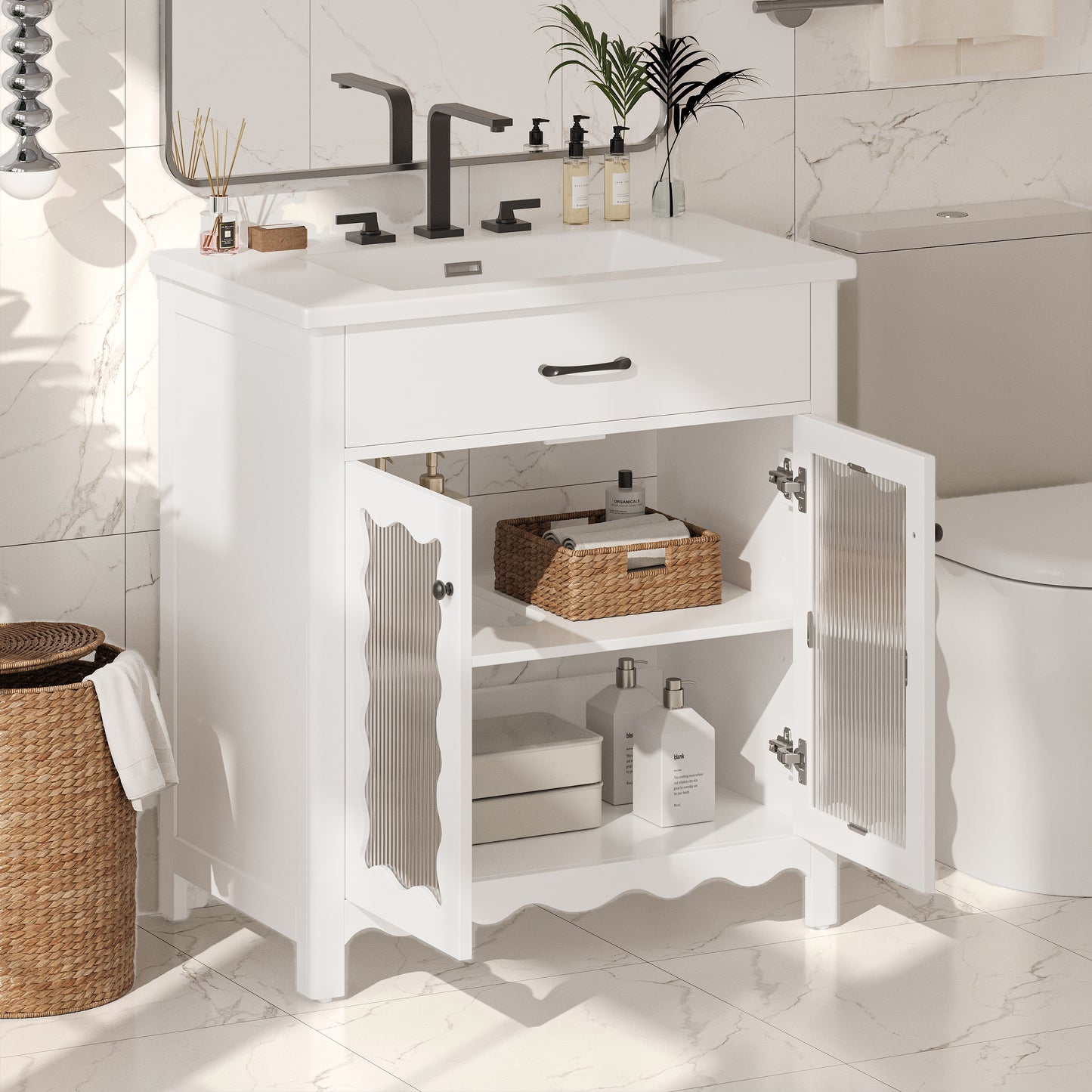 30-Inch Modern Bathroom Vanity with Tempered Glass & Soft Close Doors - White