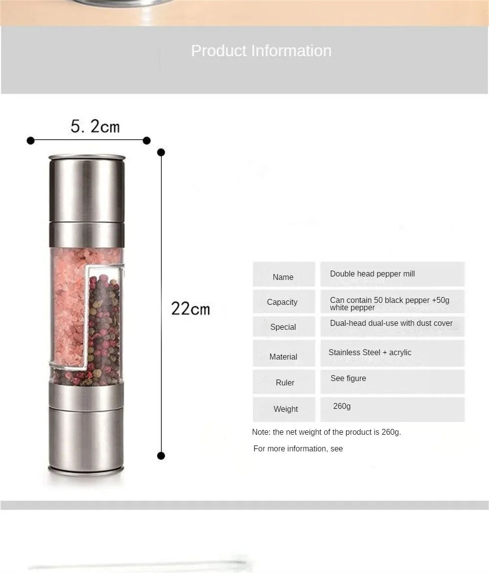 Salt and Pepper Grinder Set 2-in-1 Stainless Steel Manual Spice Mills Adjustable Ceramic Grinding Kitchen Tool Silver