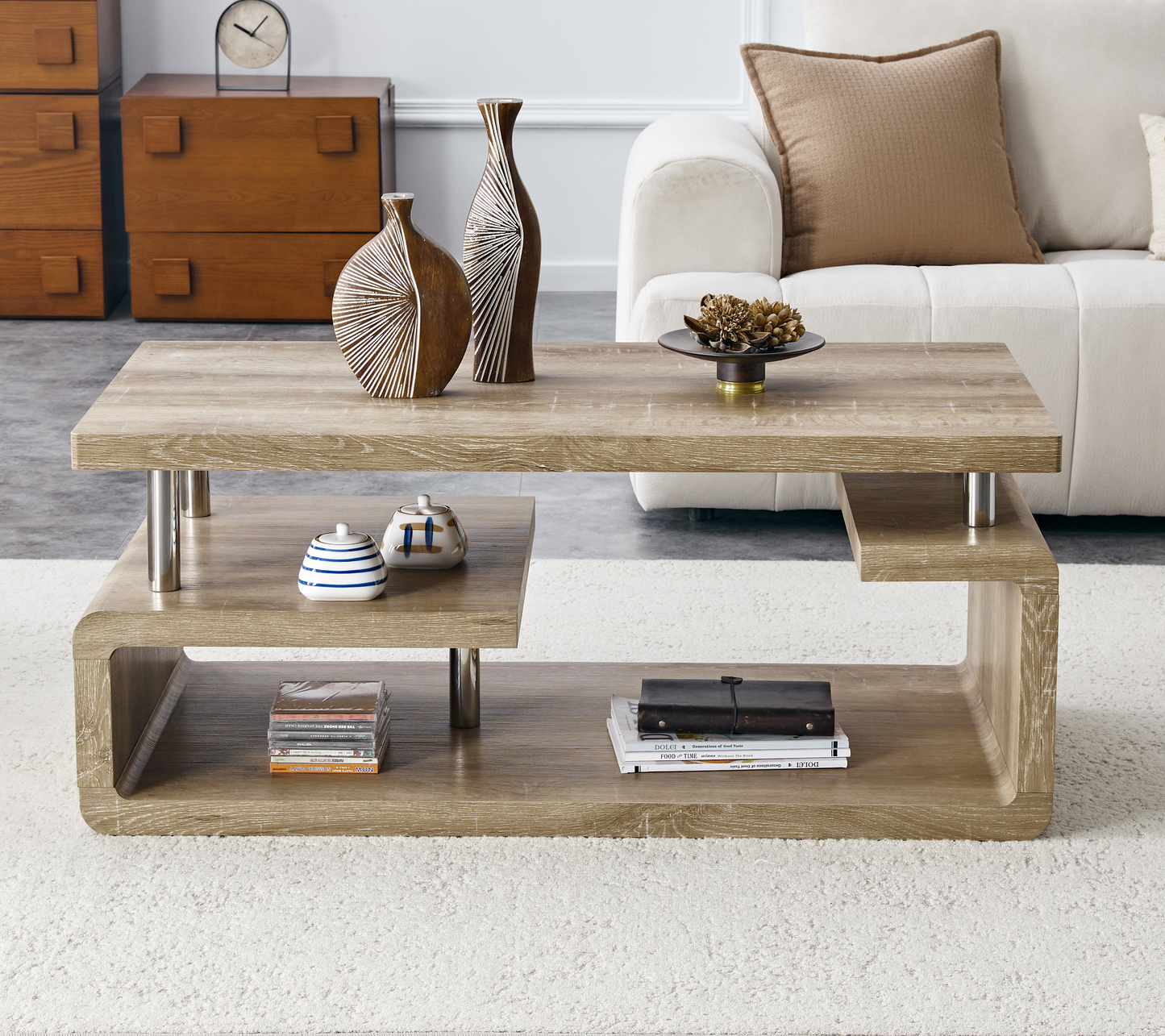 MDF Coffee Table with Carved Wood Grain & Multi-Storage Compartments