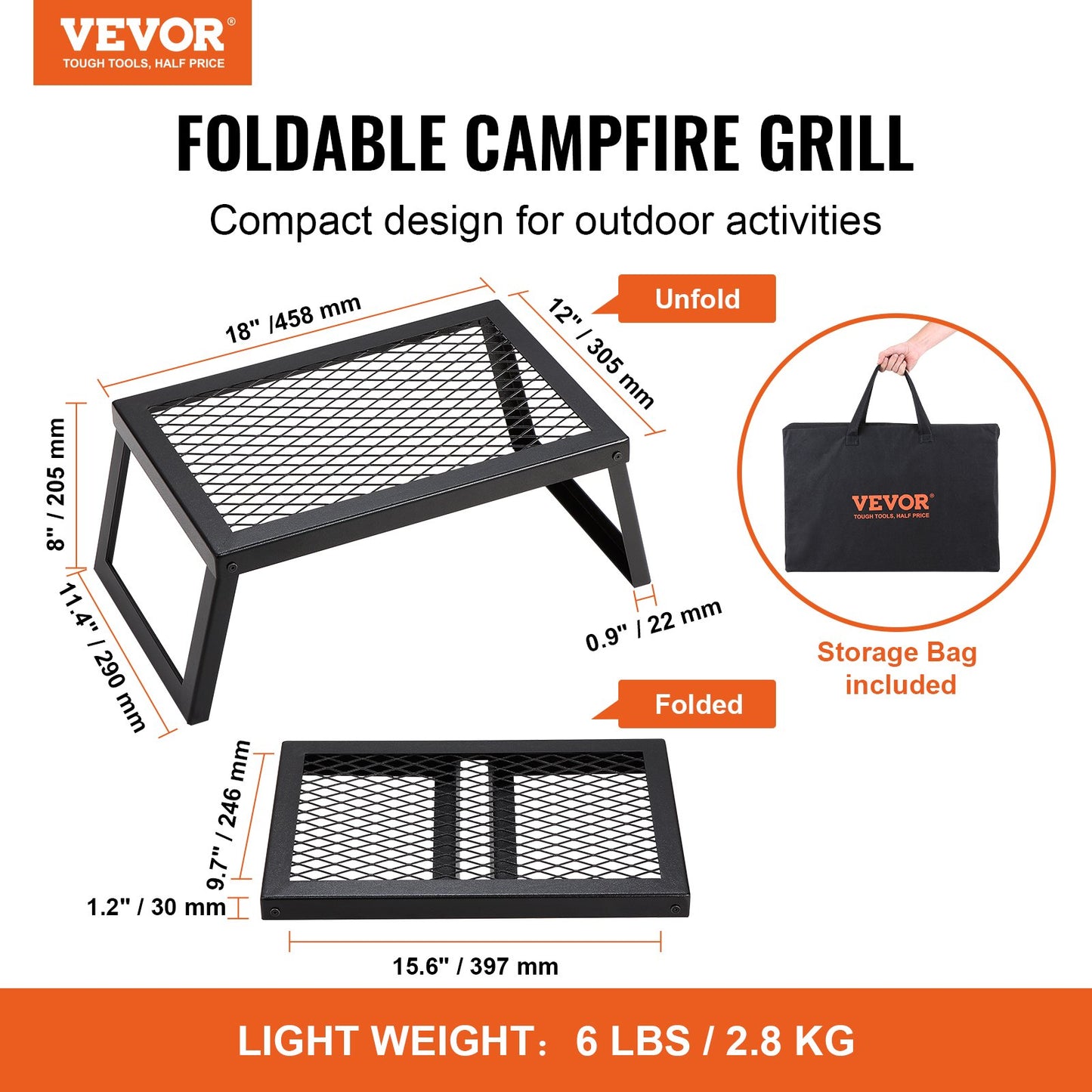 Portable Folding Campfire Grill - Heavy Duty Steel Grate