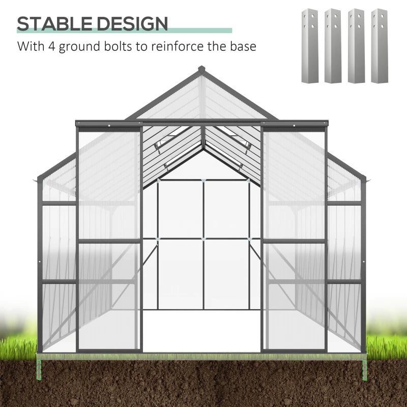 Aluminum Walk-In Greenhouse Kit with Polycarbonate Panels & Adjustable Roof Vent - Black or Clear