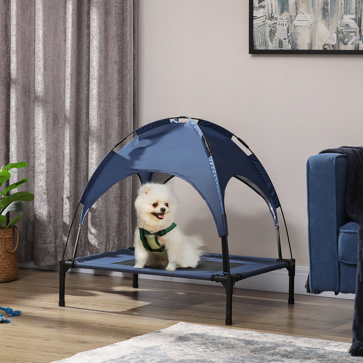 Portable Dog Cot Bed with UV Canopy Shade 30 Inch Elevated Pet Bed - Blue
