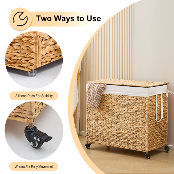 160L 3-Section Laundry Hamper With Lid And Wheels, Woven Natural