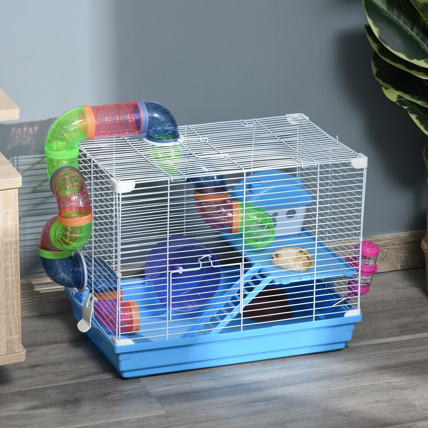 Multi-Level Small Animal Hamster Cage with Exercise Wheel Water Bottle & Play Tubes