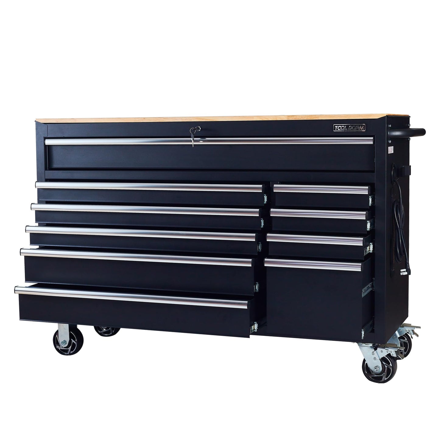 56-Inch 10-Drawer Steel Tool Cabinet with Locking Casters and Power Strip