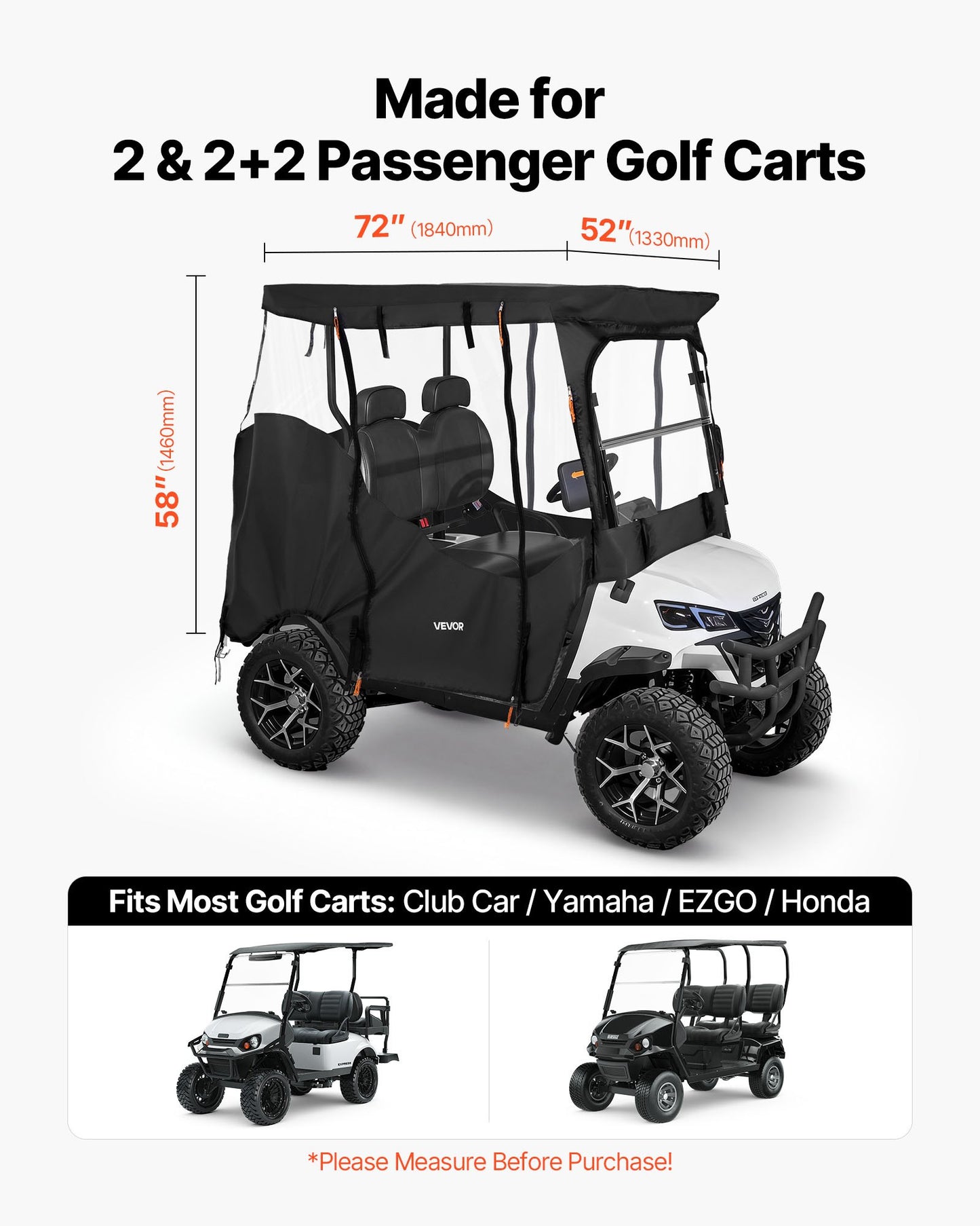 Waterproof Golf Cart Cover for 2-4 Passenger Carts - Full Enclosure, UV & Windproof, Fits Yamaha, EZGO, Club Car, Honda - Black