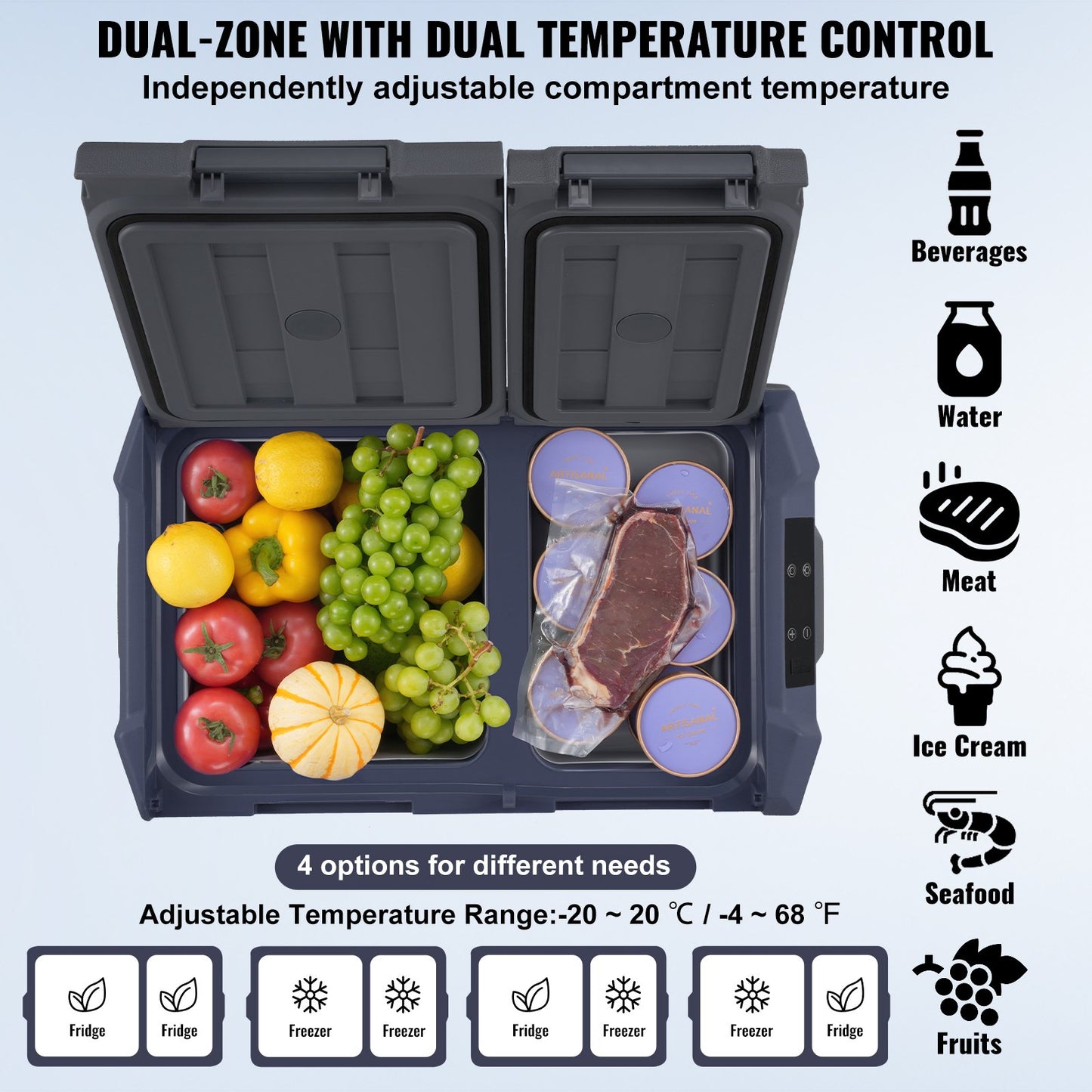 Portable Car Refrigerator Freezer 40L Dual Zone Compressor Cooler - Grey