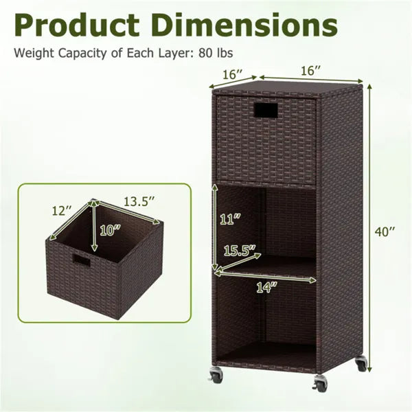 Outdoor Storage Cabinet with 3 Shelves, Drawer & Lockable Wheels