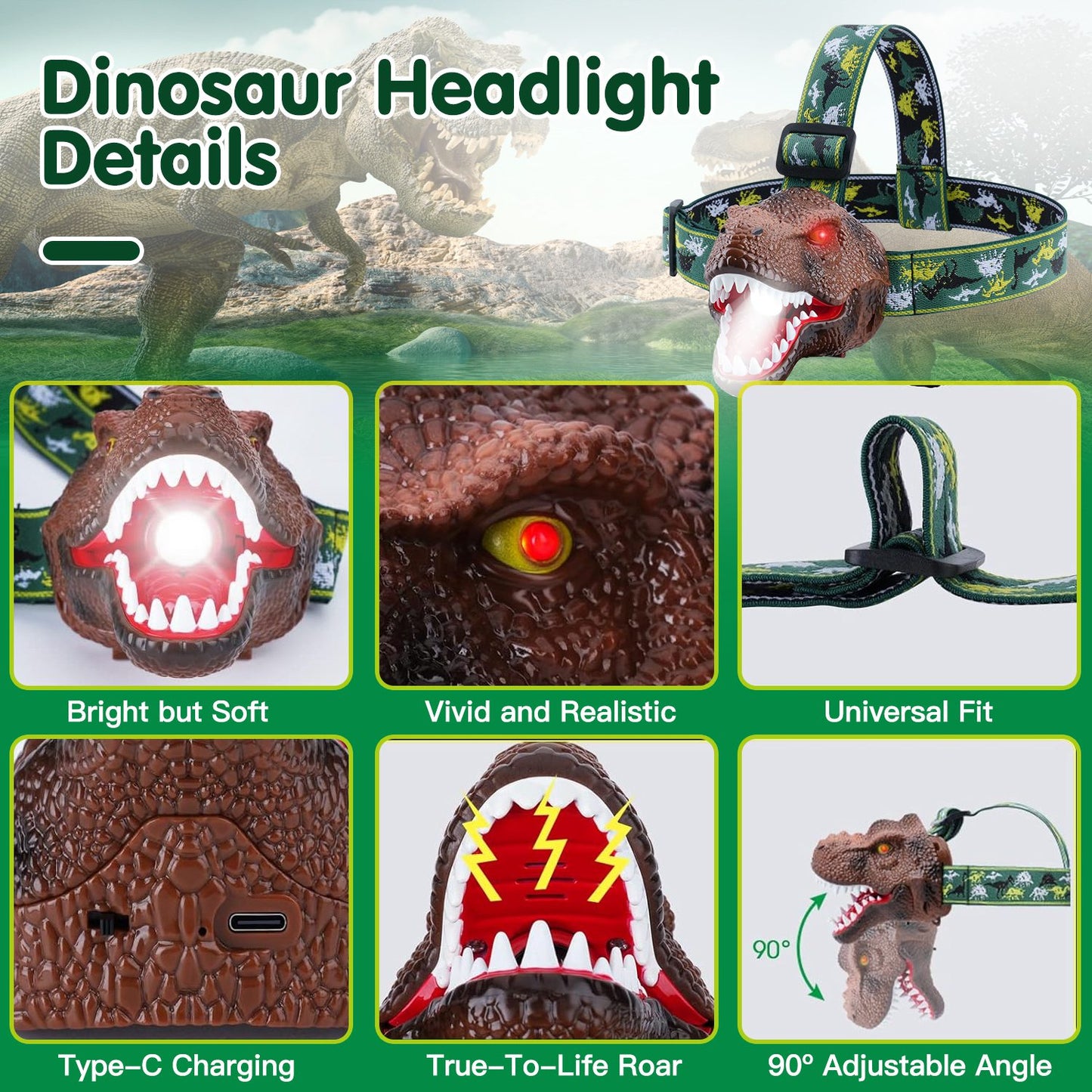 Kids Dinosaur Headlamp with Roar Sound & Adjustable Strap - Camping & Outdoor Toy