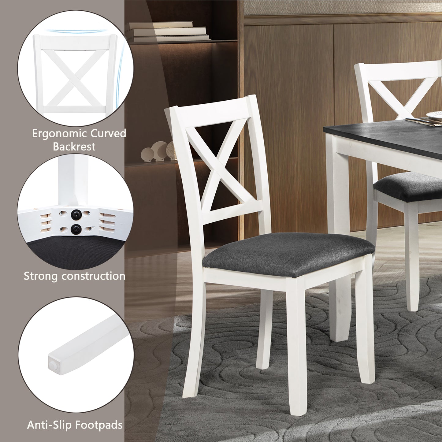 Solid Wood Dining Table Set with 6 Padded Chairs - Grey & White
