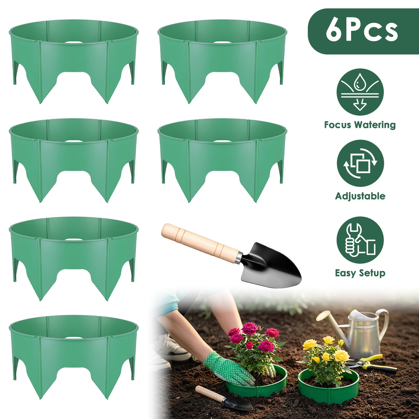 Adjustable Garden Planting Grow Rings Set with Hand Shovel - 6 or 12 Pieces