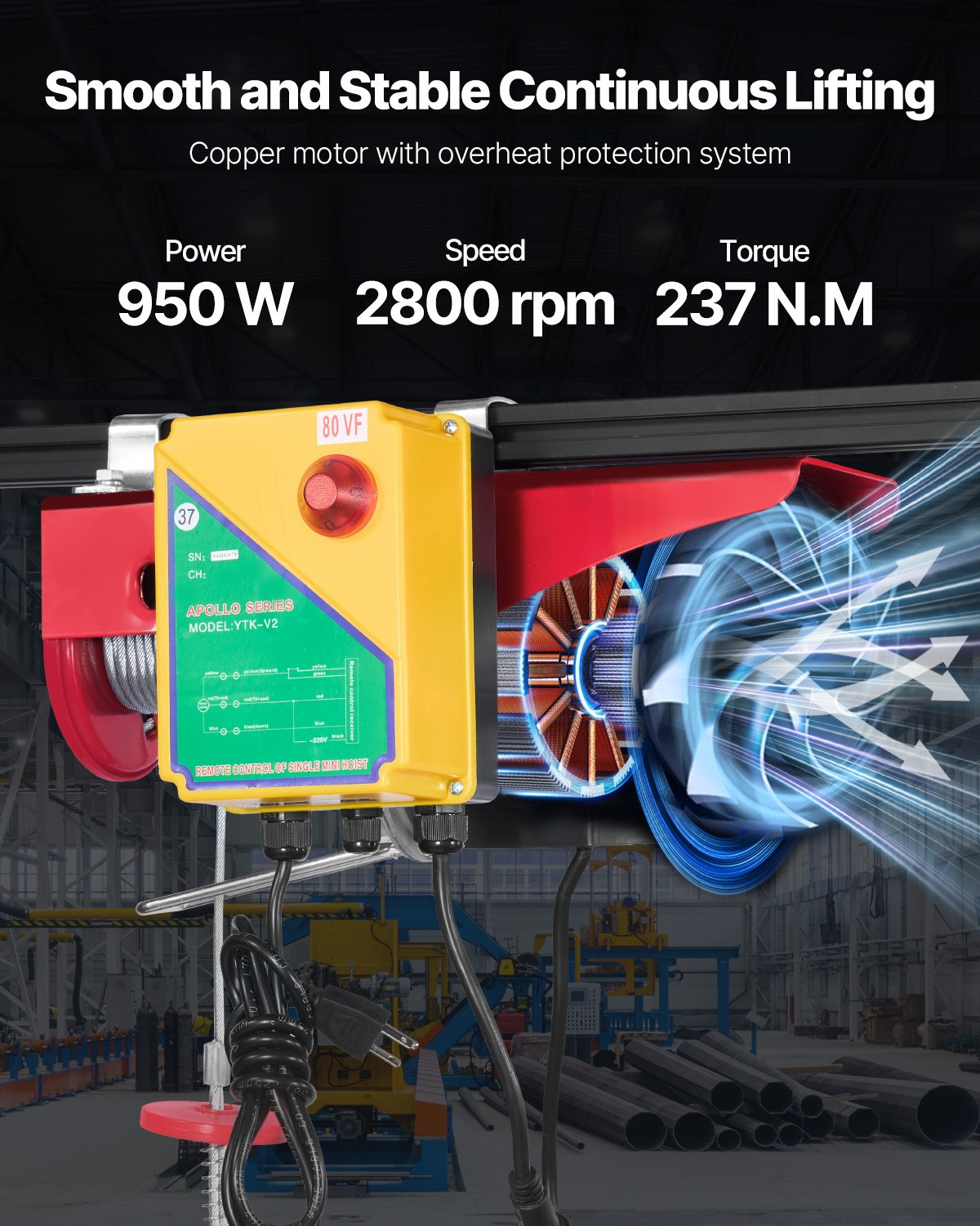 Electric Hoist Crane Winch 1760 lbs with Wireless Remote Control - Garden & Workshop Tool