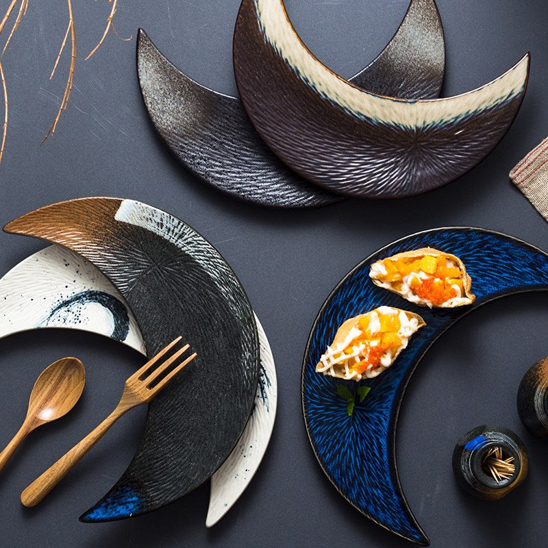 Ceramic Sushi Plate Irregular Moon-Shaped Serving Dish - Multiple Styles