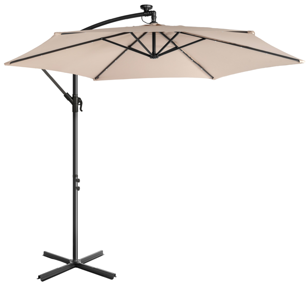 10FT Round Patio Hanging Umbrella with LED Lights - Khaki