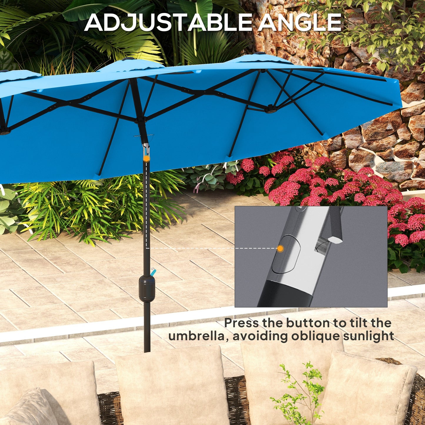 Double-Sided Patio Umbrella with Push Button Tilt - Cyan Blue