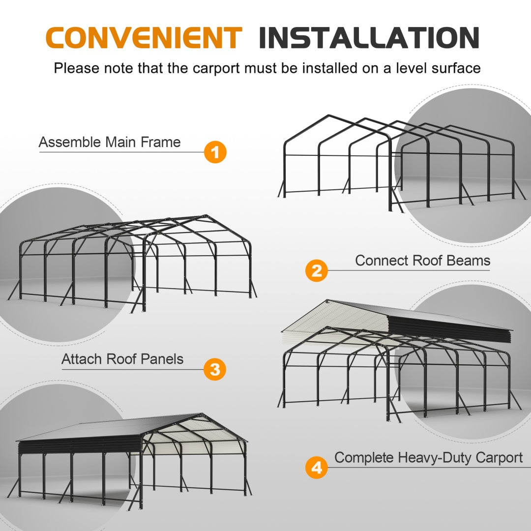 Heavy Duty Galvanized Steel Carport Canopy with Waterproof Roof - Large Capacity Shelter