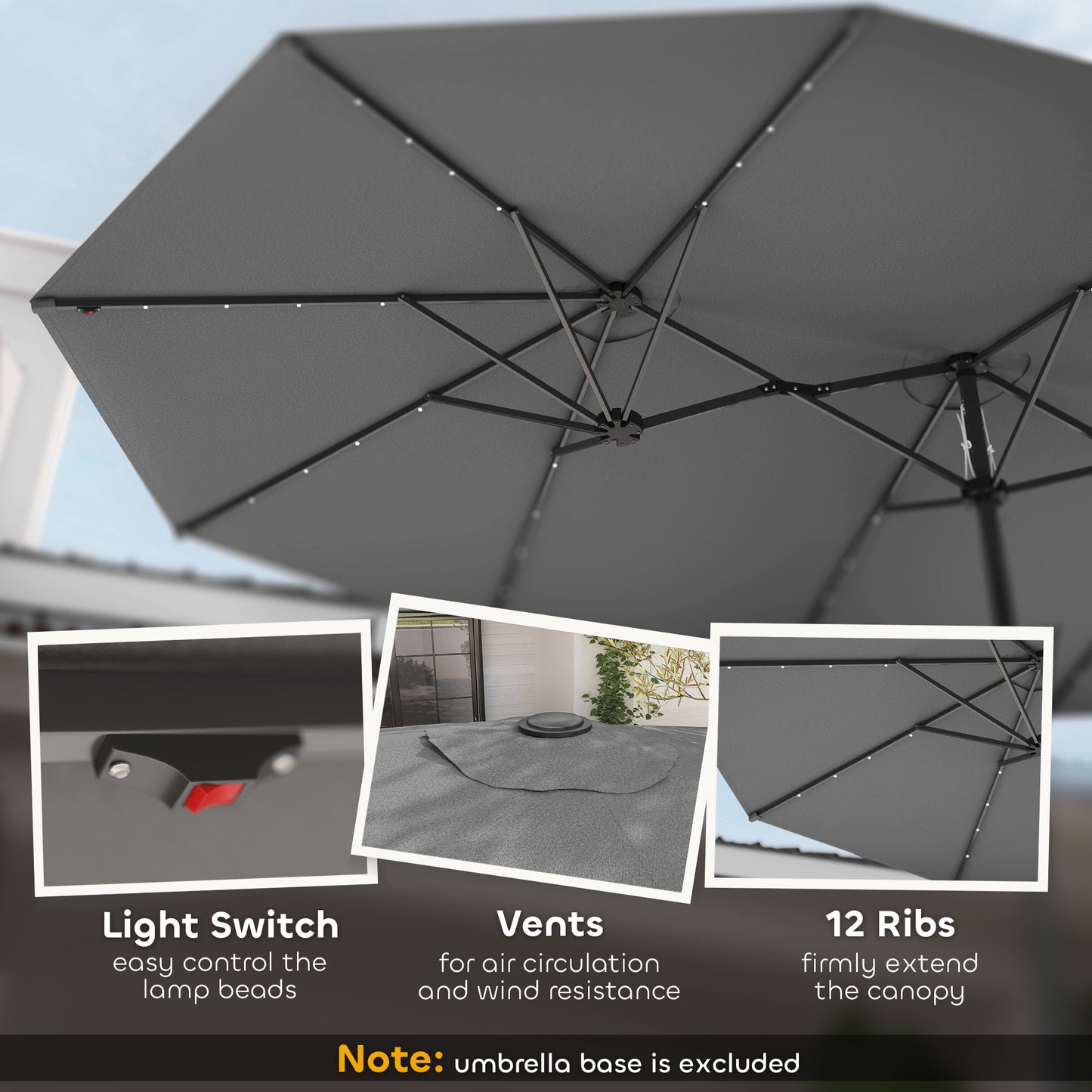 Double-Sided Garden Parasol with LED Solar Lights - Gray