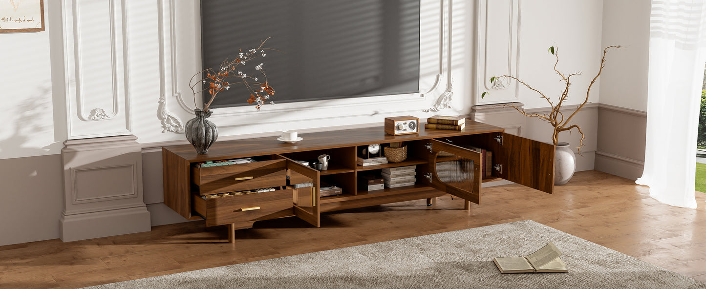 Modern 78-Inch TV Stand for TVs Up to 85" with Glass Doors & Drawers - Walnut