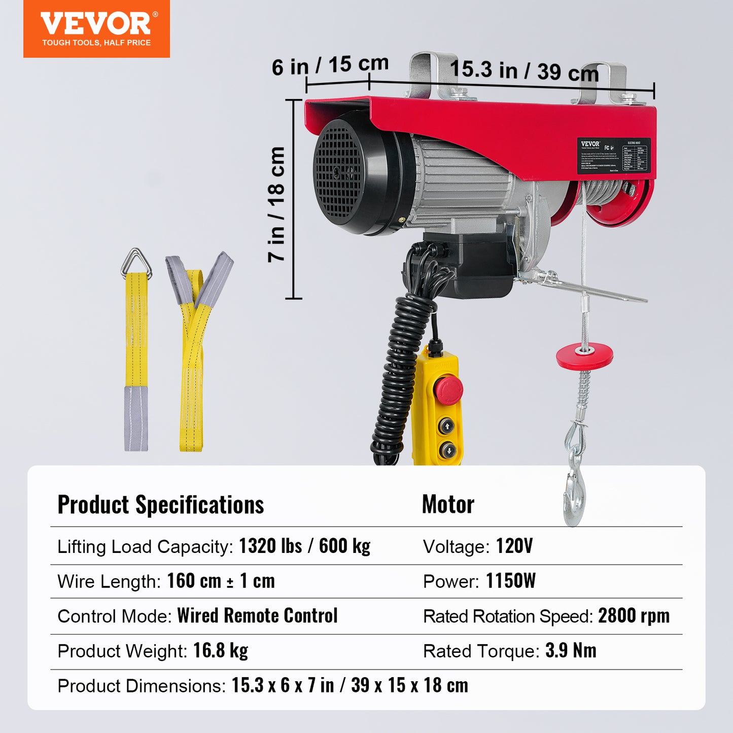Electric Hoist 1320 Lb Capacity 1150W Steel Wire Winch with Remote for Garage & Industrial Use