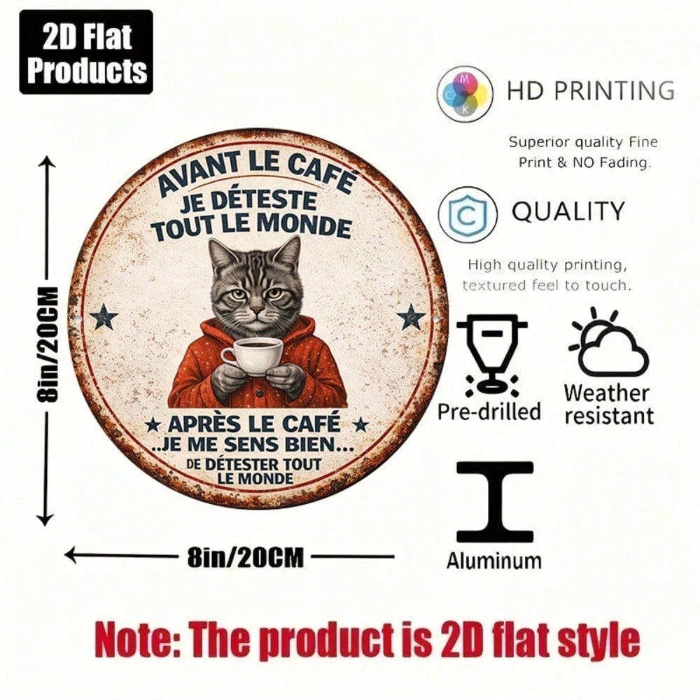 Vintage French Lover Cat Round Metal Wall Sign - 8x8in