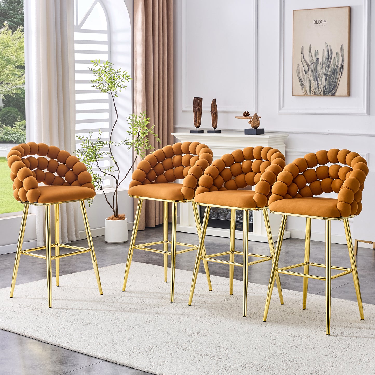 Set of 2 Orange Velvet Bar Stools with Gold Legs - Modern Accent Chairs