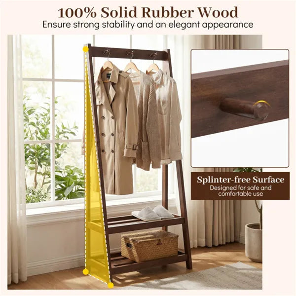 Solid Rubber Wood Freestanding Coat Rack with Shelves & Hooks