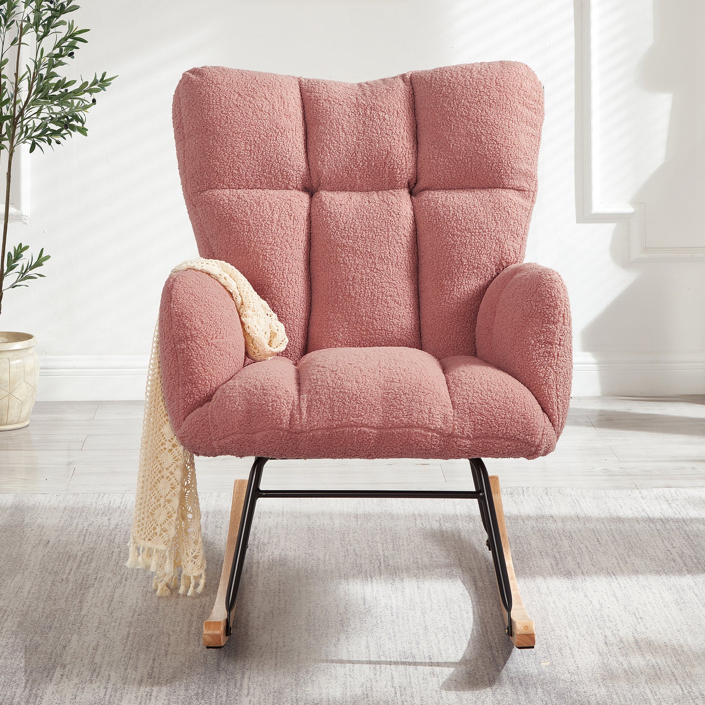 Tufted Upholstered Teddy Fabric Rocking Chair - Pink